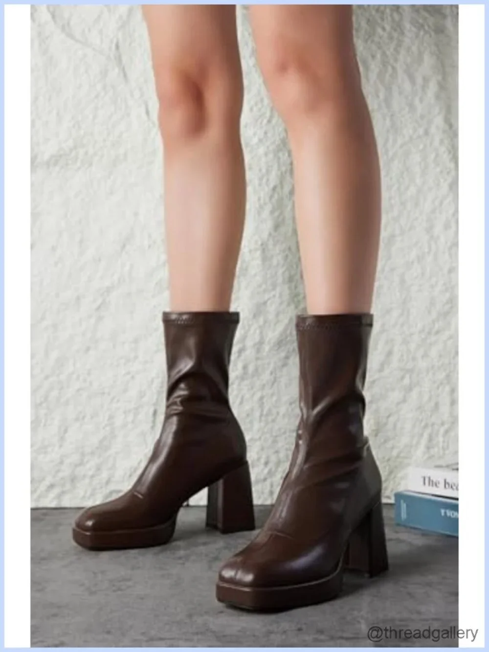 Platform Chunky Heel Boots Square Toe Pull-On Mid-Calf Faux Leather